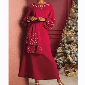 NWOT Ashro Seianne Red Pearl & Gem Long Sleeve Gown, wedding, formal stunner!